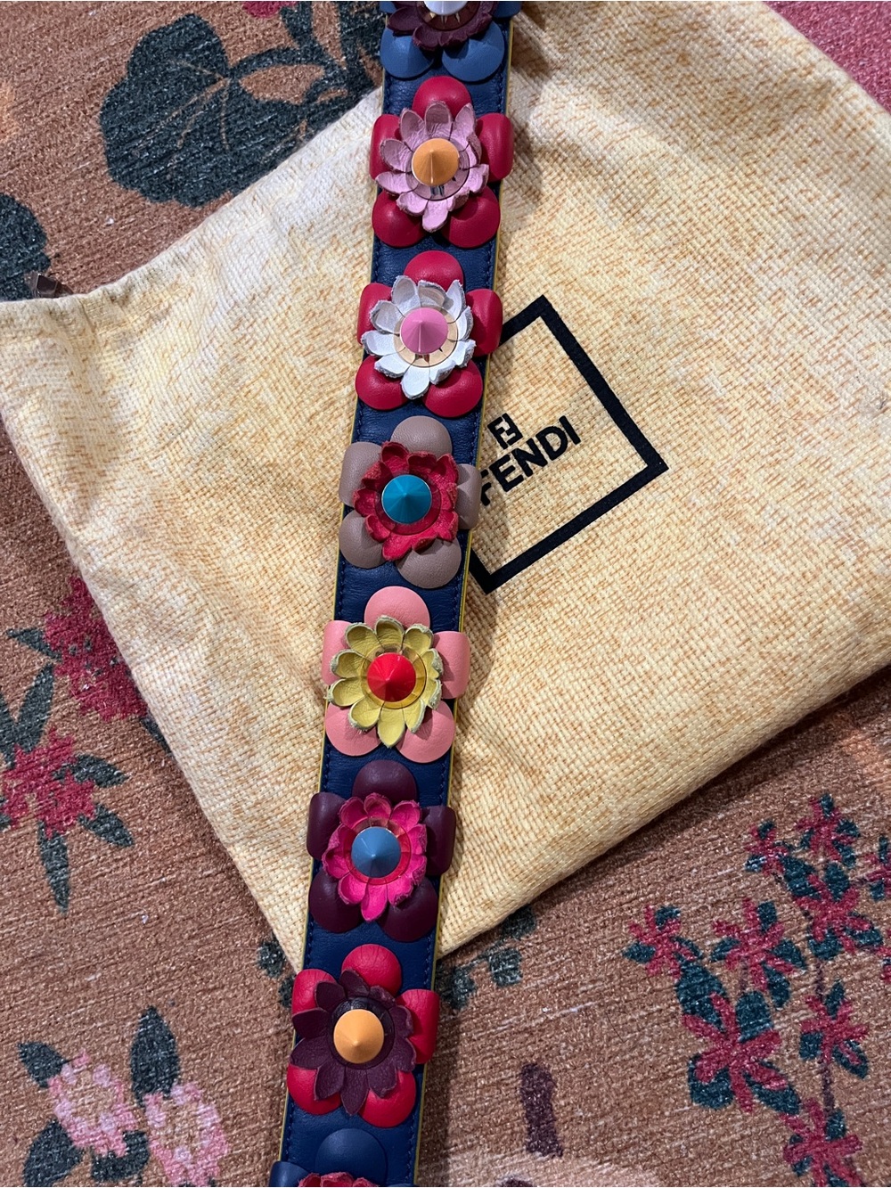 Authentic Fendi Blue Leather Strap with Multicolor Floral Studs and Yellow Trim